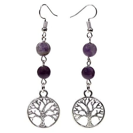 Boucle d'oreille fluorite / améthyste arbre de vie